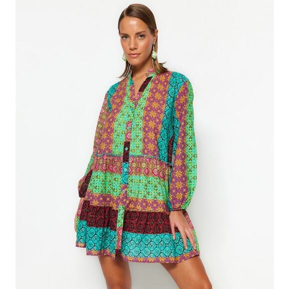 Ces Femme NWOT Boutique Bohemian Button Long Sleeve Tiered Flowy Mini Dress - Picture 5 of 6